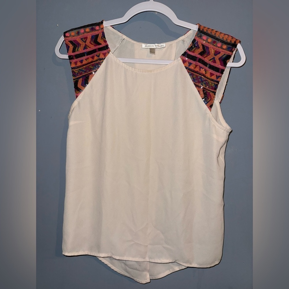 Jealous Tomato Cream Graphic Sequin Sleeve Open Back Blouse